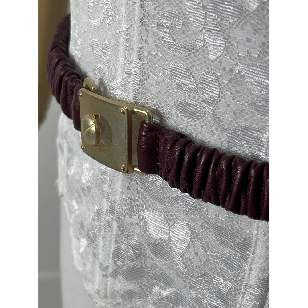 Womens Burgundy Ruched Stretch Belt Gold Turn Lock Buckle Wine Cinch Belt